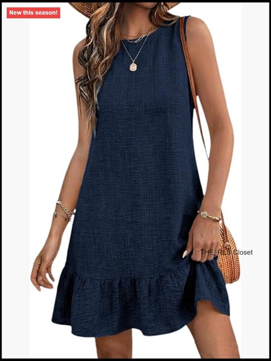 Dresses & Skirts - 100% Polyester Tie Back Crew Neck Sleeveless Mini Dress Ruffle Hem